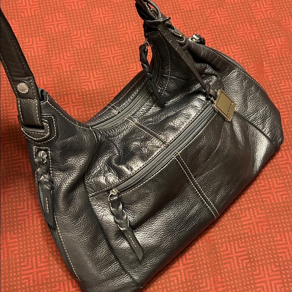 Tignanello Black Leather Handbag with Silver Accents - Picture 1 of 16